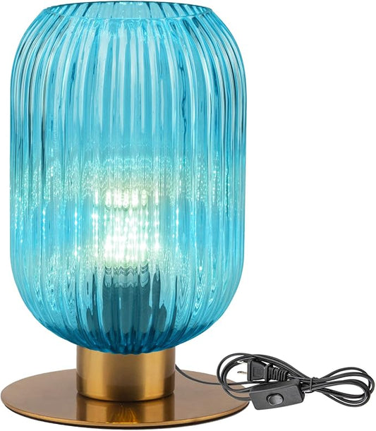 Small Table Lamp for Bedroom, Blue Bedside Lamp Mini Nightstand Lamp with On/Off Switch, Elegant Ribbed Glass Table Lamp Mid Century Bedside Table Lamp Gold Desk Lamp for Living Room Office