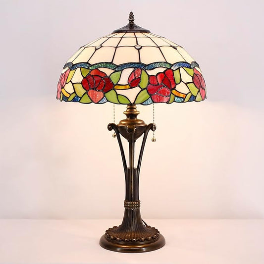 Tiffany Table Lamp Red Rose Flower Style Stained Glass Desk Lamp 16X16X24 Inches Reading Light