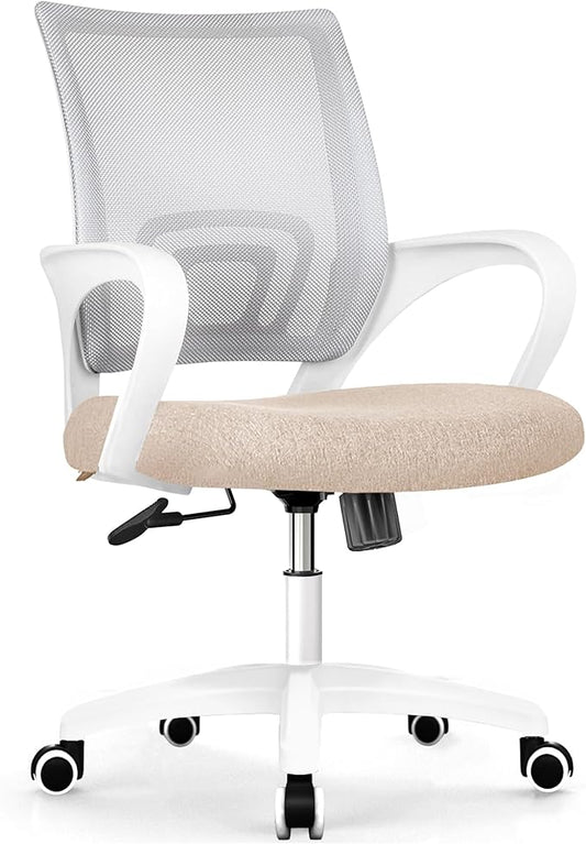 Office Chair with Ergonomic Mid Back Cushion Lumbar Support Adjustable Swivel Rolling Computer Gaming Desk Chair Comfy Mesh Seat Wheels Home Executive Use (1, Beige)
