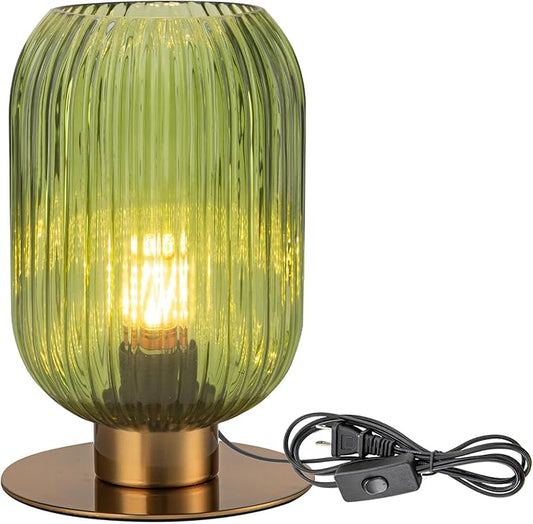 Green Glass Table Lamp, Mid Century Modern Table Lamp Vintage Gold Bedside Lamp with Brass Metal Base, Decorative Desk Lamp Small Boho Lamps for Bedroom Nightstand Living Room Office