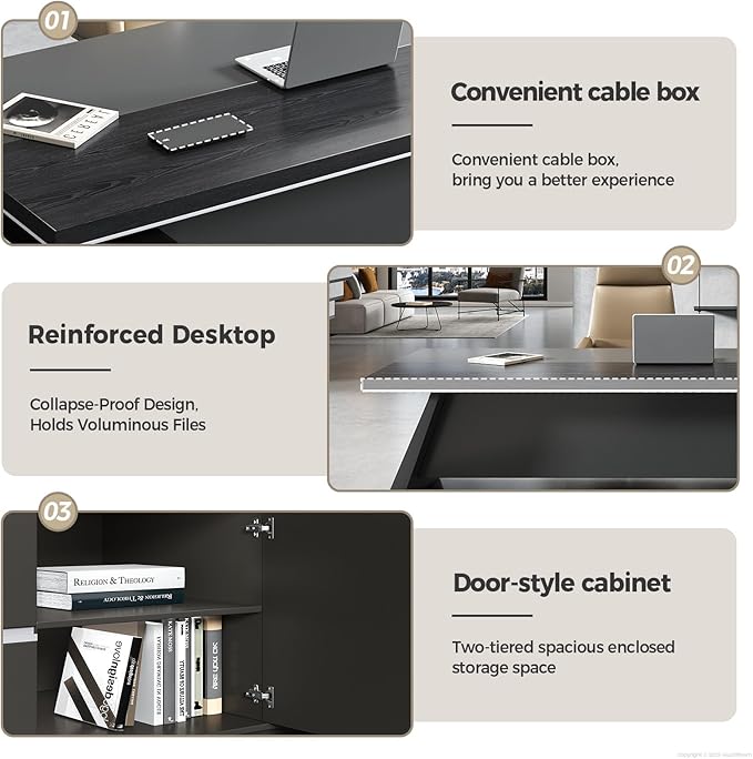 Modern L Shape Executive Desk with Storage Drawers – Large Black Corner Office Desk for Home Workspace, Spacious Executive Desk with Cabinets (Black/Left, 79" L * 63" W * 30" H)