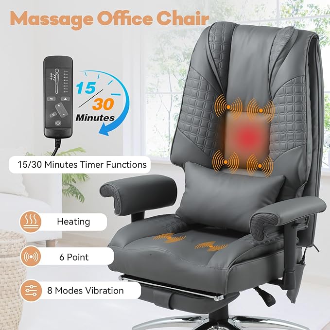 Massage & Heating Office Chair with Foot Rest, Ergonomic Executive Office Chair with Reclining Backrest, Adjustable Arms and Lumbar Support, High Back Leather Desk Chairs for Home Office, Gray