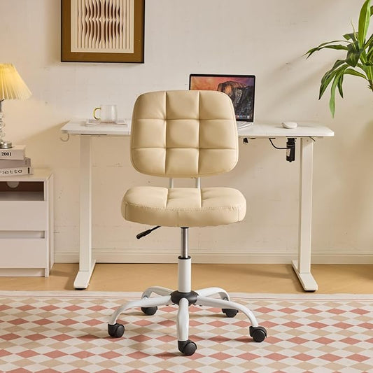 VINGLI Compact Small Desk Chair, Cute Armless Chair with Wheels, Vanity Chair with Low Back, Height Adjustable Task Chair for Small Spaces, Office, Bedroom, Make Up Room, PU Leather, Cream