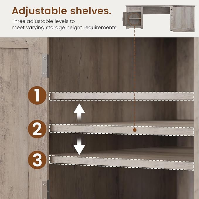 Itaar Farmhouse L Shaped Desk, Executive Computer Desk with Drawers and Storage Cabinet, Home Office Desk with File Drawer and Power Outlet, Corner Desk, Workstation for Office Home, Grey