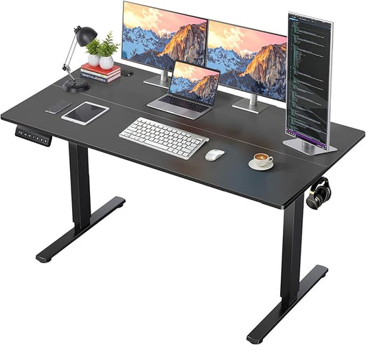 55 x 24 in Electric Standing Desk - Memory Height Adjustable Ergonomic Sit-to-Stand Rising Computer Table Gaming Workstations with 2 Hooks and Wire Hole for Home Office, Black