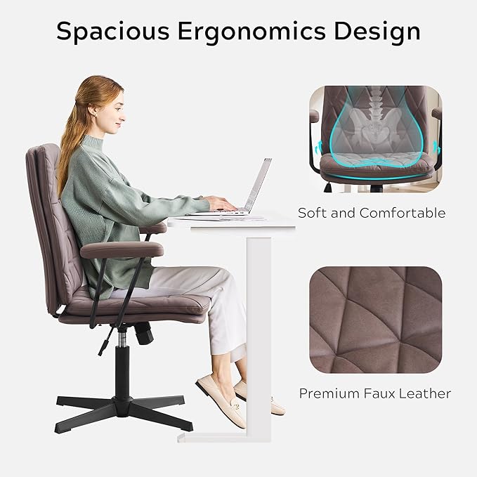 Criss Cross Chair with Arms Home Office Desk Chair No Wheels Adjustable Thick Cushioned Swivel Accent Makeup Chair Brown