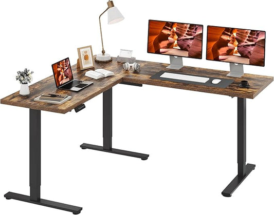 L-Shaped Standing Desk, 71 x 63 Inches Height Adjustable Desk, Sit and Stand up for Work Office Home, Ergonomic Rising Computer Table for Home Office with Splice Board, Rustic Brown