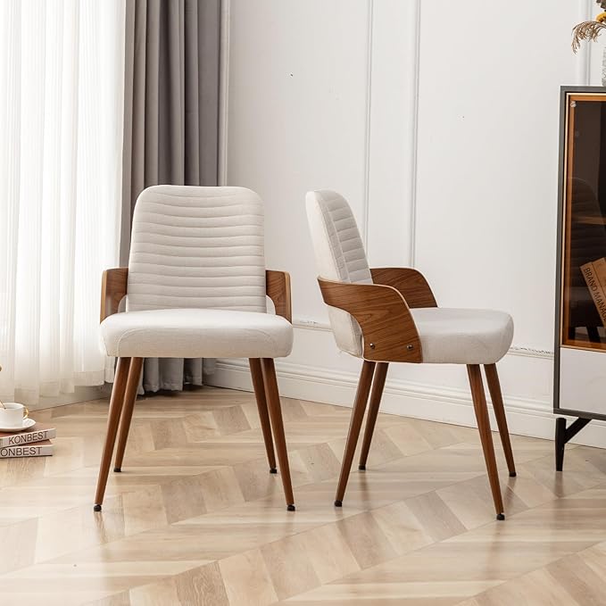 Dining Room Chairs,Mid Century Modern Kitchen Chairs,Upholstered Beige Fabric Accent Chairs,Metal Legs Wooden Desk Chairs Armless and No Wheels for Kitchen Dining Living Room,1PCS