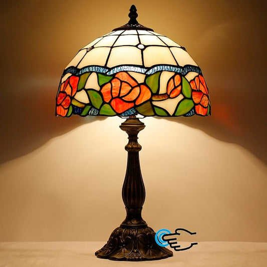 Tiffany Lamp Touch Control Table Lamp Red Rose Flower Style Stained Glass Desk Lamp 12X12X19 Inches Reading Light