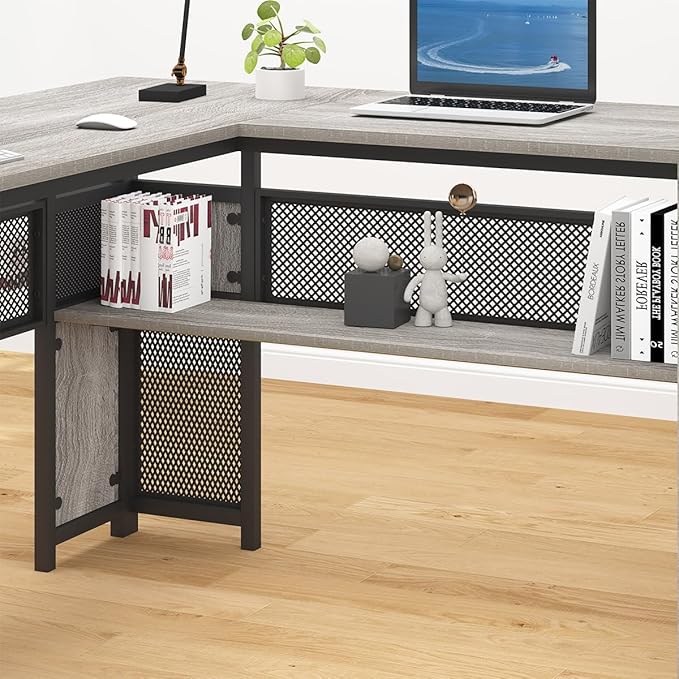 HSH Large L Shaped Desk with Storage File Cabinet，Corner L-Shaped Computer Desk with Drawers Shelves, Home Office Bedroom Metal Wood Study Writing Table Executive Workstation, Light Grey Oak, 59 Inch