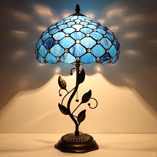 Tiffany Table Lamp, Stained Glass Style Desk Lamp, 12X12X19 Inch,Bedside Reading Light, Metal Leaf Base (Blue Beads)