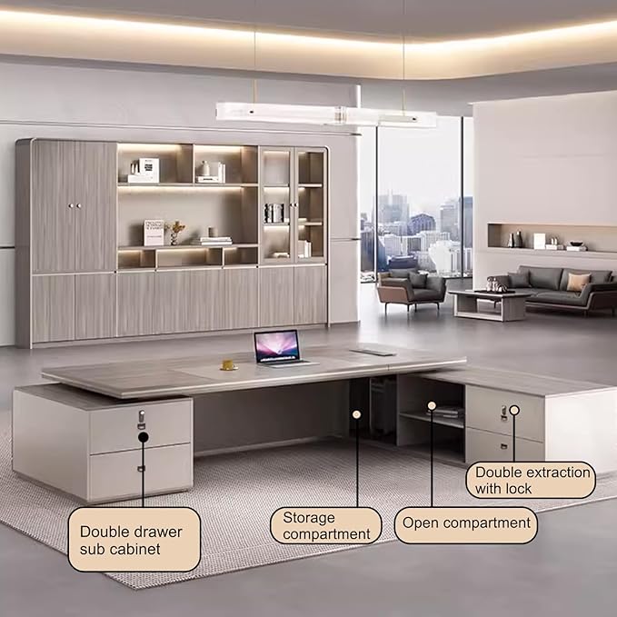 102IN L-Shaped Executive Desk with Drawers, Executive Desk with Open Storage Grid & LED Light Strip & Exquisite Pull Handle & Invisible Multimedia Wire Box & Front Baffle Design