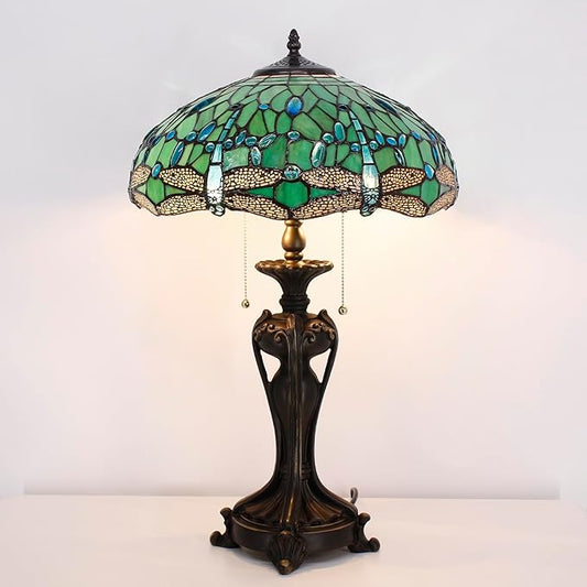 Tiffany Stained Glass Table Lamp 16X16X24 Inch Green Dragonfly Style Desk Bedroom Living Room Antique Reading Light (Green Dragonfly)