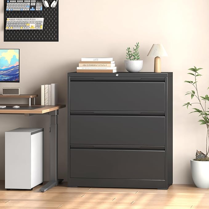 Coolsun Lateral File Cabinet, 3 Drawer File Cabinet with Lock, Wide Filing Cabinet for Home Office, Metal Locking Cabinet for Hanging A4/F4/Letter/Legal, Assembly Required (Black, 3 Drawer)