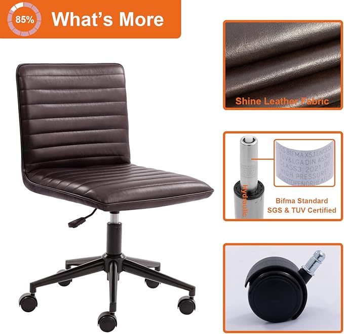 Furnimart Modern Armless Office Desk Task Chair - Upholstered Mid-Back Home Office Chair with 360 Degree Swivel and Adjustable Height - Leather (Black/Brown)