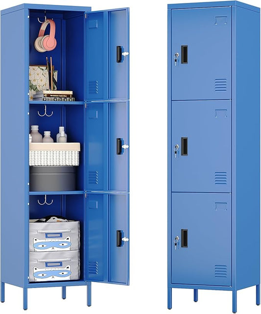 Metal Locker with Hooks and Ventilation Holes,Metal Storage Locker with Keys and Business Card Slof for Home,Gym,Garage,School,Office,66" H×15.75" W× 15.75" D,Assembly Required,Blue