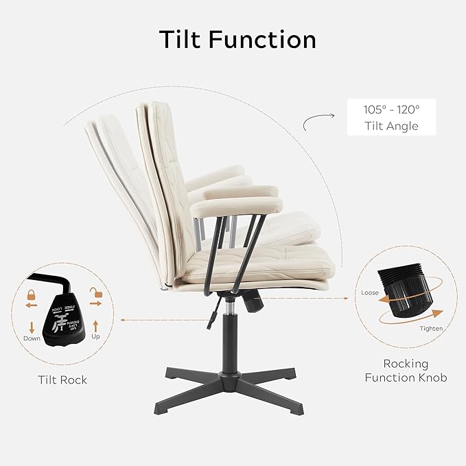 Desk Chair No Wheels with Arms Crossleg Stationary Ergonomic Soft Cushion Home Office Swivel Working Computer Chair Cream White
