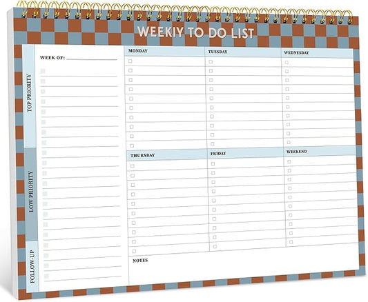 Weekly To Do List Notepad with 52 Undated Sheets（8.5"×11"）- Weekly Desk Planner for Women & Man, Work and Home - Earth Checkered