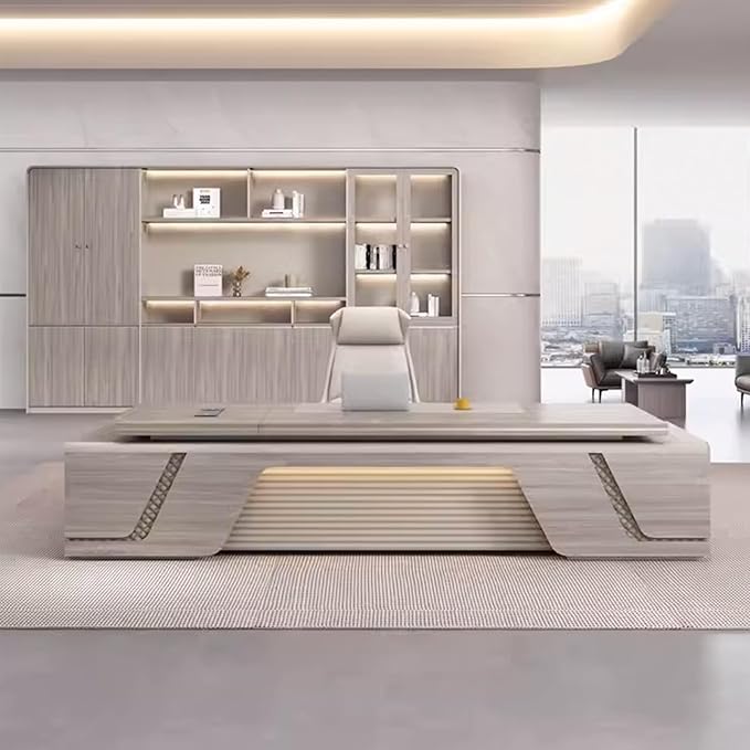 102IN L-Shaped Executive Desk with Drawers, Executive Desk with Open Storage Grid & LED Light Strip & Exquisite Pull Handle & Invisible Multimedia Wire Box & Front Baffle Design