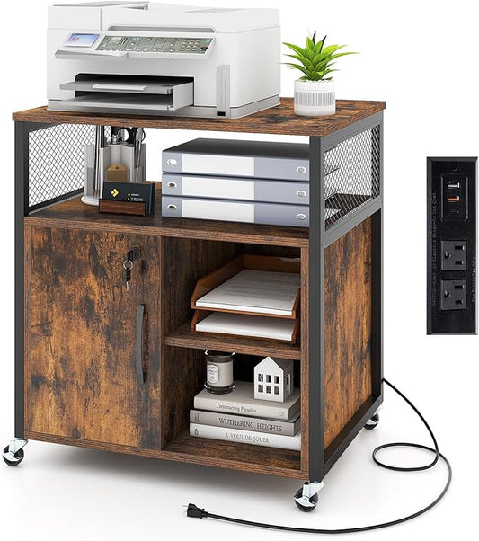 LOKO Rolling File Cabinet with Charging Station, Mobile Lateral Filing Cabinet with Lock, Adjustable Shelf, Metal Frame, Modern Printer Stand on Lockable Wheels for Home Office, Small Space (Brown)