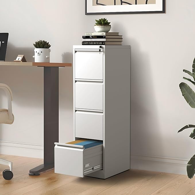 4-Drawer Locking Vertical File Cabinet, Metal Storage Cabinet for Office/Home – Secure Vertical Filing for Letter/Legal/A4/F4 Documents, Easy to Assemble Steel Cabinet (White, 4 Drawer-52 H)