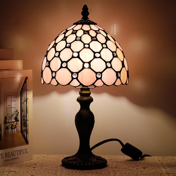 Small Tiffany Lamp Stained Glass Table Lamp Mini Desk Accent Light for Bedroom Bedside Reading Home Antique Style Decor 8X15 Inches (Pink)