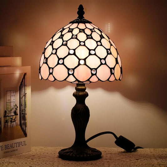 Small Tiffany Lamp Stained Glass Table Lamp Mini Desk Accent Light for Bedroom Bedside Reading Home Antique Style Decor 8X15 Inches (Pink)