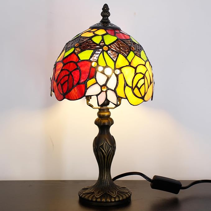 Small Tiffany Lamp Stained Glass Table Lamp Mini Desk Accent Light for Bedroom Bedside Reading Home Antique Style Decor 8X15 Inches (Red Yellow)