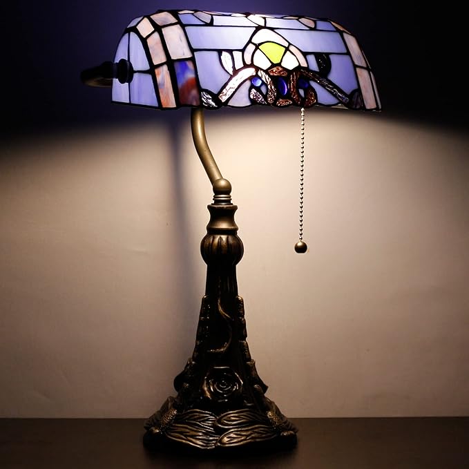 Tiffany Banker Lamp Small Stained Glass Table Lamp Tiffany Style Piano Light Blue Baroque Style Desk Lamp Angle Adjustable 10.6X15.7 Inch for Home Office Living Room Bedroom