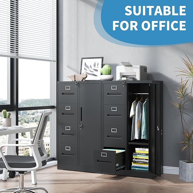 4 Drawer Metal File Cabinet with Lock and 1 Door, Steel Vertical Filing Cabinets for Home Office, Metal Storage Cabinet for Hanging Legal/Letter Size Files, Assembly Required (Black)