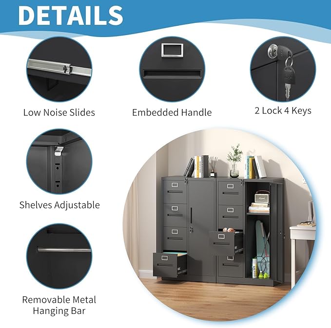 4 Drawer Metal File Cabinet with Lock and 1 Door, Steel Vertical Filing Cabinets for Home Office, Metal Storage Cabinet for Hanging Legal/Letter Size Files, Assembly Required (Black)