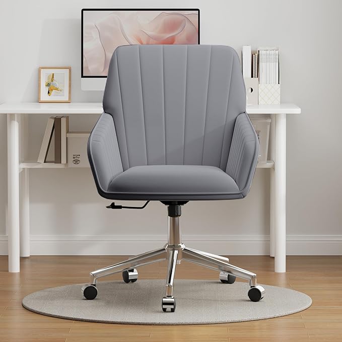 YISHENG Velvet Office Desk Chair with Silver Base, with Wheels,Modern Height Adjustable 360 Degree Swivel Upholstered Vanity Chairs with Arms for Living Room Bedroom,Gray