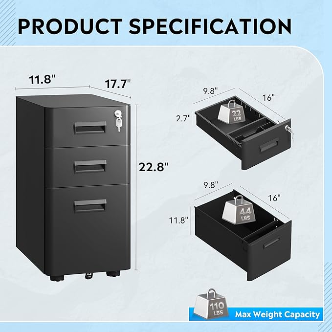DEVAISE 3-Drawer File Cabinet, Black Locking Filing Cabinet on Wheels, Fully Assembled Mobile File Cabinet for Office Home, 17.7" D x 11.8" W x 22.8" H