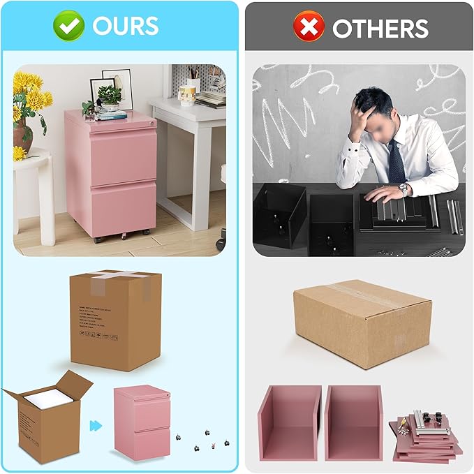 Aobabo 2 Drawer File Cabinet with Wheels, Lockable Metal Filing Cabinet for Home Office, Legal/Letter Size, Fully Assembled Except Wheels, Pink
