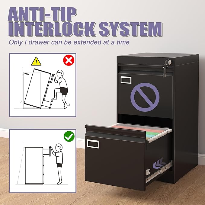 2 Drawer Metal File Cabinet with Lock, Black Locked Filing Cabinets, Vertical Small File Cabinet with Key, Under Desk Filing Cabinets for Home Office