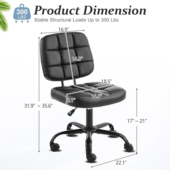 VINGLI Compact Small Desk Chair, Cute Armless Chair with Wheels, Vanity Chair with Low Back, Height Adjustable Task Chair for Small Spaces, Office, Bedroom, Make Up Room, PU Leather, Black