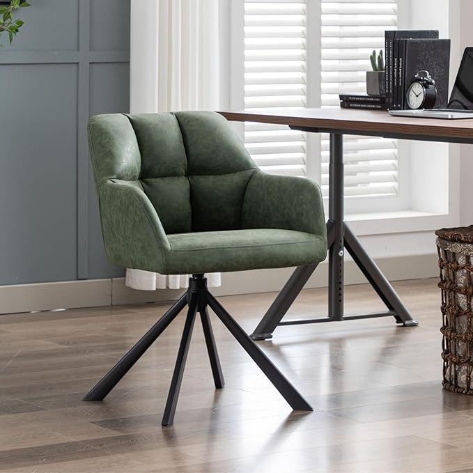 Home Office Chair with Arm, Comfy Desk Chair No Wheels, Upholstered Leather Computer Chair, Swivel Accent Chair for Bedroom, Office, Small Spaces, Green