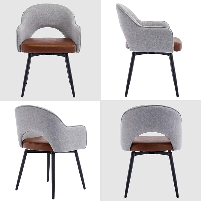 DUOMAY Modern Swivel Dining Chairs Set of 4, Linen & Faux Leather Upholstered Accent Side Chair, Home Office Desk Chair with No Wheels for Dining Room Living Room Office, Light Grey