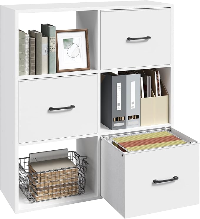 White Filing Cabinet, 3-Drawer Vertical File Cabinet, 3 Tier Bookshelf, Modern Lateral Office Cabinet, Office Storage with Adjustable Hanging Rods for A4/Letter Files, White FCWT9001