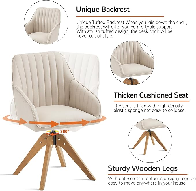Furniliving Mid Century Modern Swivel Accent Chair for Living Room Set of 2, Wood Desk Chair with Arms Mid Back Arm Chairs Upholstered Vanity Chair No Wheels for Home Office/Bedroom, Faux Linen Beige