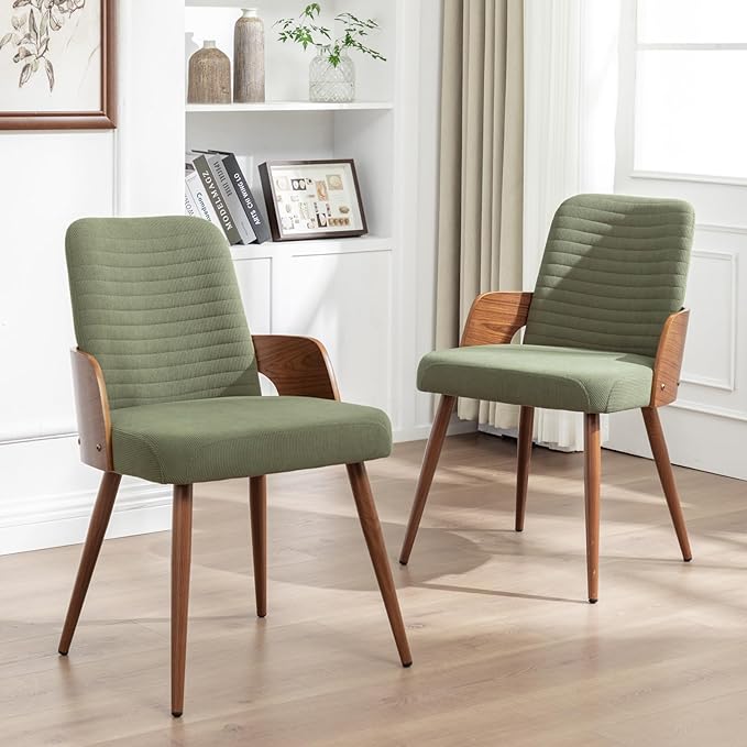 Dining Room Chairs Set of 4,Mid Century Modern Kitchen Chairs,Green Corduroy Fabric Upholstered Accent Chairs,Metal Legs Wooden Desk Chairs,Armless and No Wheels for Kitchen Dining Room