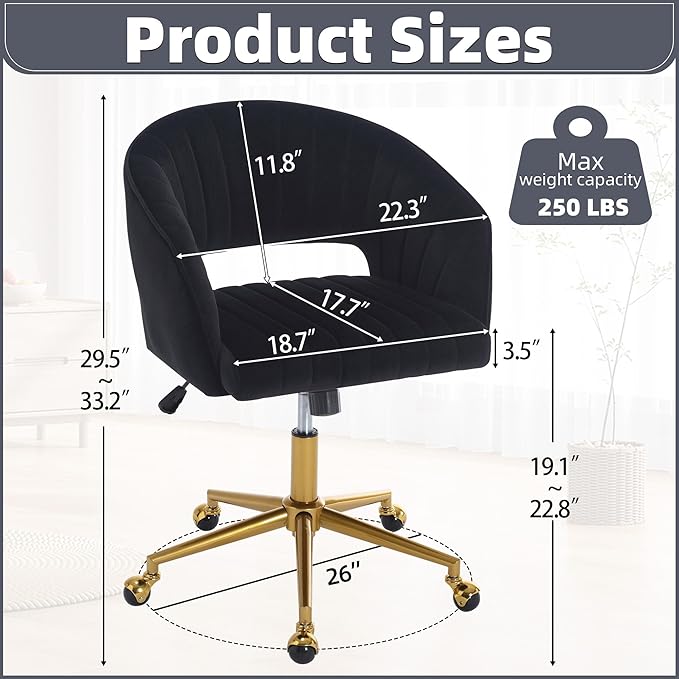 ABET Desk Chair with Wheels, Velvet Home Office Chair, Swivel Armchair Gold Base, Upholstered Modern Accent Chairs, Back Incline Adjustable for Living Room Bedroom Vanity, Black