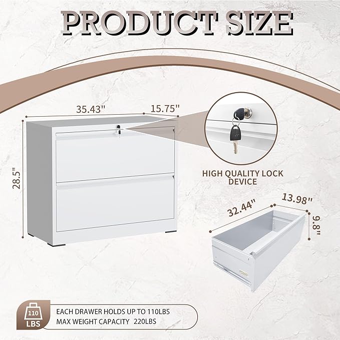 2 Drawer Lateral File Cabinet with Lock, File Cabinet, Metal Lateral Filing Cabinets for Home Office, File Storage Cabinet for Legal/Letter/A4 Documents, Assembly Required (White, 35'W)