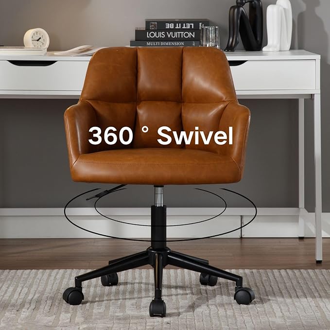 Brown Home Office Chair with Wheels, Adjustable Computer Chair Swivel Desk Chair with Mid Back, Upholstered Task Chair for Bedroom, Office, Small Spaces, Brown