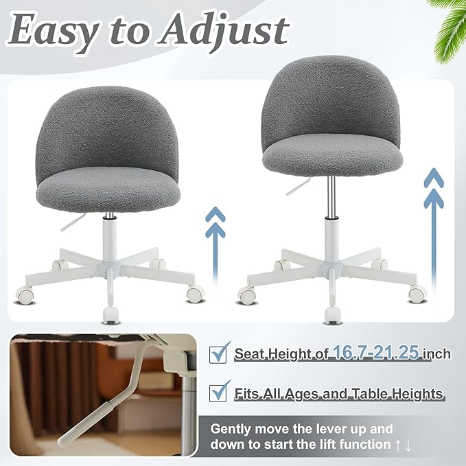 VINGLI Candy Chair Armless Cute Desk Chair,Comfy Small Office Chair with Wheels,Vanity Chair with Lumbar Support,Teddy Adjustable Rolling Swivel Computer Task Chair for Home Office,Bedroom,Muted Grey