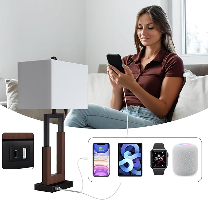 Maxax 30" Farmhouse Table Lamps Set of 2 for Living Room, Modern Black Bedside Lamps with USB & Type-C Port, 3-Way Dimmable Wood Bedroom Lamp with White Rectangular Lampshade for Nightstand