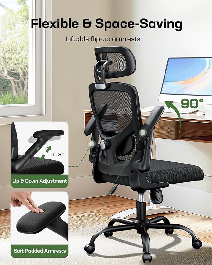 Marsail Ergonomic Mesh Office Chair High Back Desk Chair Adjustable Lumbar Support with Headrest Flip-Up Liftable Arms Swivel Computer Task Chair for Big and Tall People