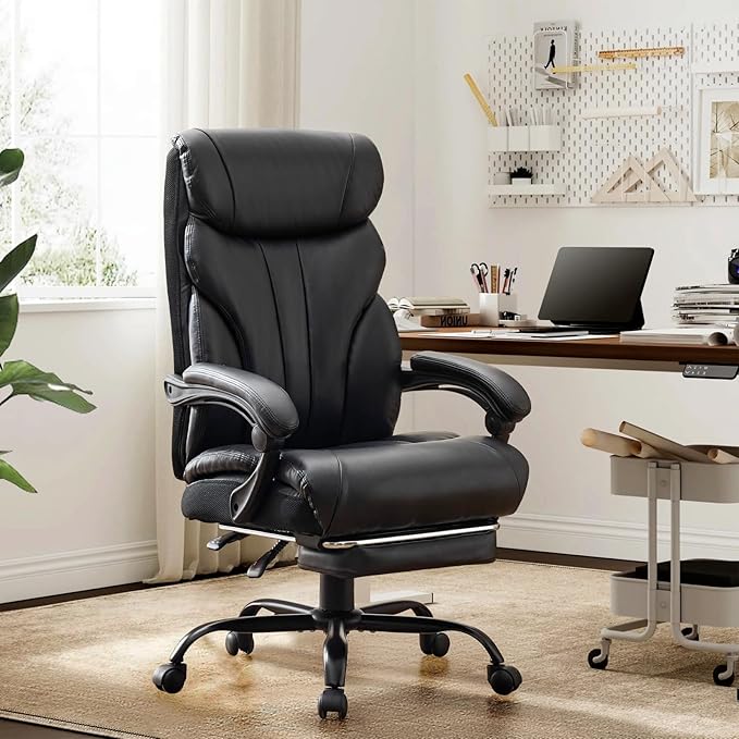 Leather Home Office Chair with Foot Rest,500lbs Big and Tall Ergonomic Desk Chair,360°Swivel Free,90°-155°Recline,43"- 47" Height Adjustable,Silent 360° Casters for Home Office Computer Desk