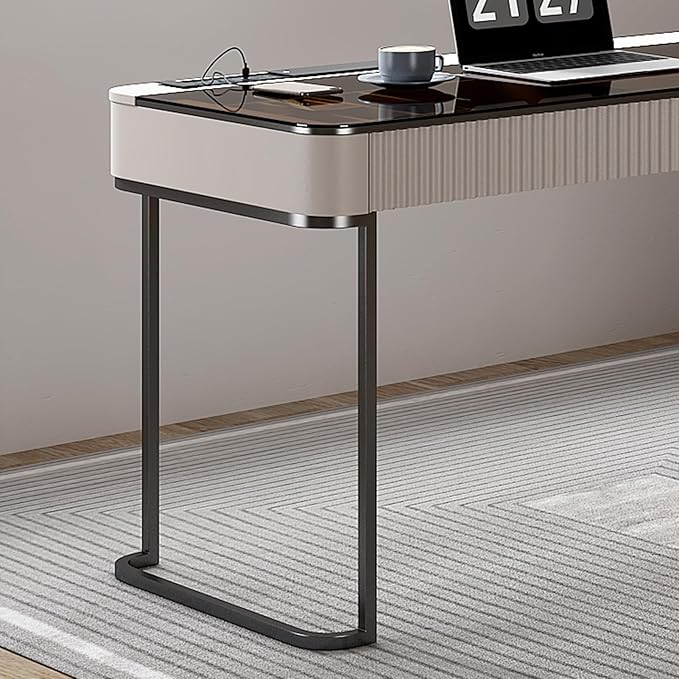 Lartis Office Desk, Very Easy to Assemble, Computer Desk, Home Telescopic Writing Desk, Modern Computer Desk with Retractable Cabinet Built-in LED Lights (Ivory, 50 in)