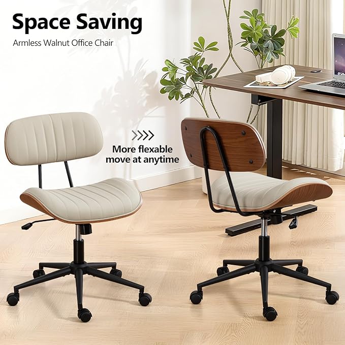 Home Office Chair with Wheels, Adjustable Height Desk Chair Leather Swivel Computer Chair, Armless Modern Walnut Chair for Office, Meeting Room, White
